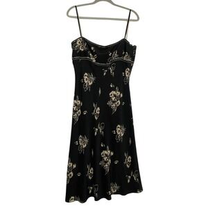 Maggy London 100% Silk Floral Midi Slip Dress Black Cream Size 12